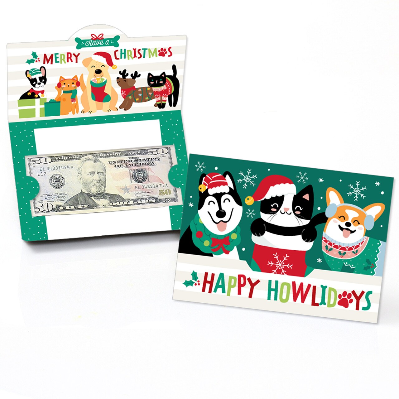 Big Dot of Happiness Christmas Pets - Cats and Dogs Holiday Party Money And Gift Card Holders - Set of 8